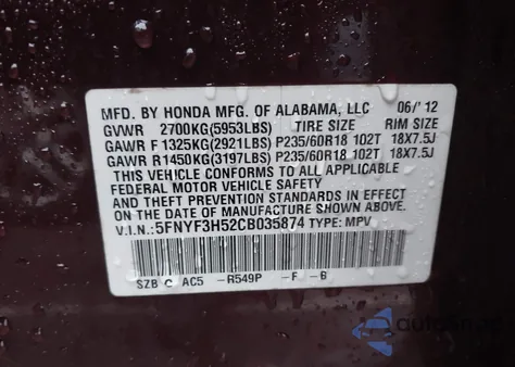 2012 Honda Pilot Ex-L z USA, uszkodzony, nr VIN 5FNYF3H52CB035874